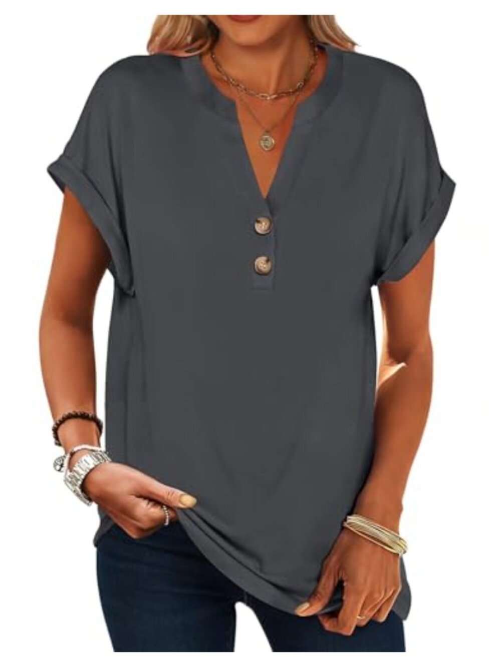 Womens Short Sleeve Henley V Neck Tunic Top Loose Fit Summer Tee